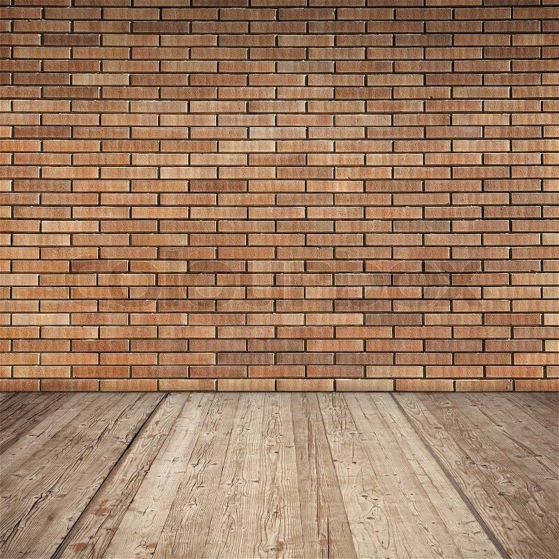 Red brick wall and wooden floor, detailed empty interior background texture, stock photo
