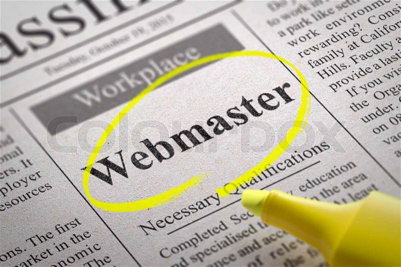 Webmaster Vacancy in Newspaper. Job Search Concept, stock photo