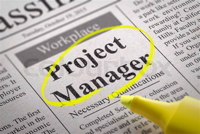 Project Manager Jobs in Newspaper. Job Search Concept, stock photo