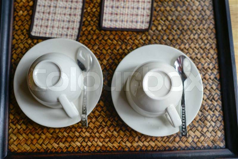 Couple coffee cups set on tray, stock photo