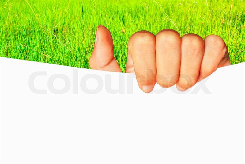 Teenage girl hand holding blank white board paper business present on green grass nature background, stock photo