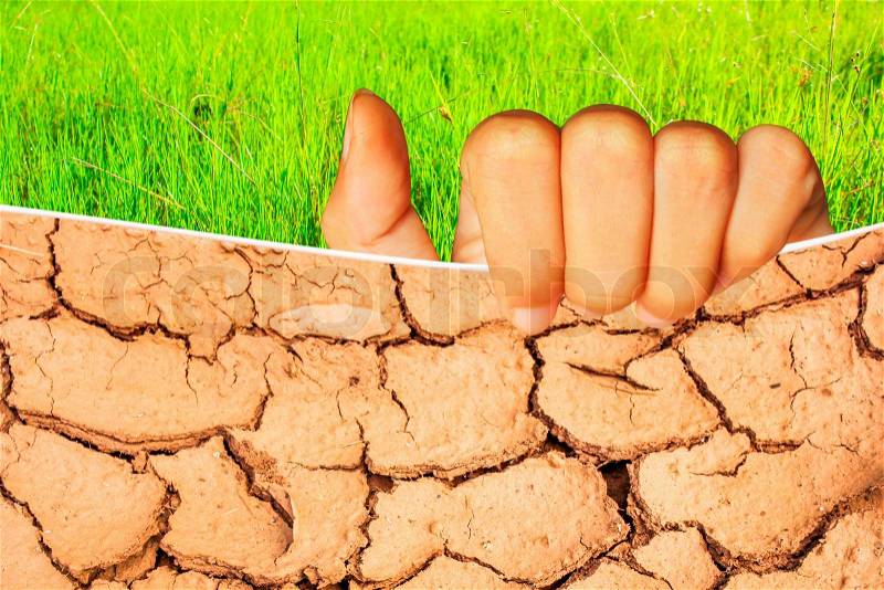 Teenage girl hand holding cracked soil during the dry season business present on green grass nature background, stock photo