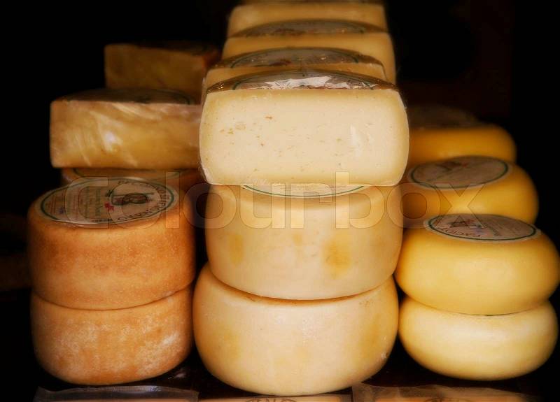 Italian Picorino cheese made on sheep milk for sale - Italy. Soft focus, stock photo