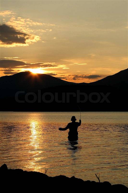 Fly fishing in the golden sunset, stock photo
