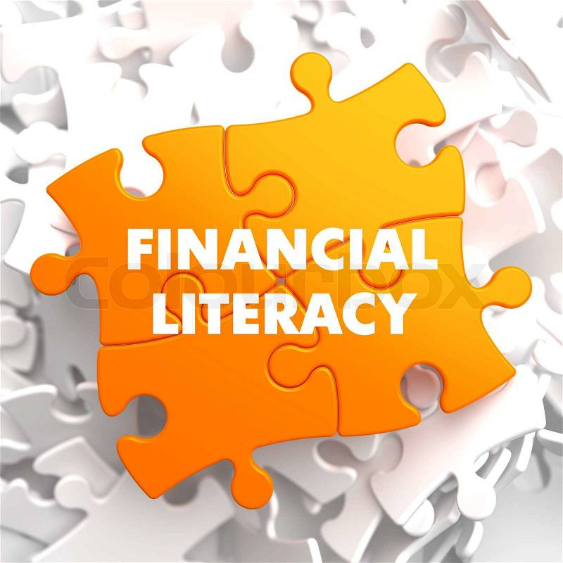 Financial Literacy on Orange Puzzle on White Background, stock photo