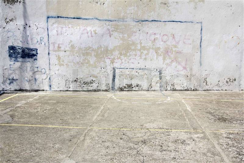 Soccer goal drawn on a wall on concrete playground in Corniglia, Italy, stock photo