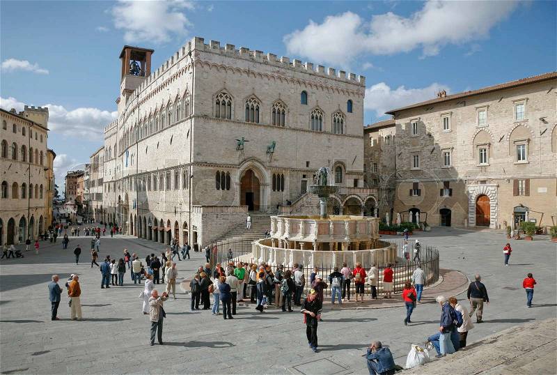 The centre of Perugia, Umbria, Italy with the Town hall in the background behind the fountain, stock photo