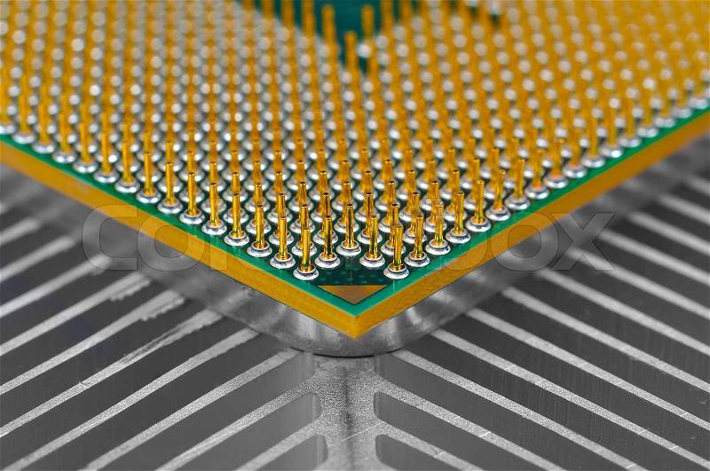 Computer CPU processor on cooling pad, close up, stock photo
