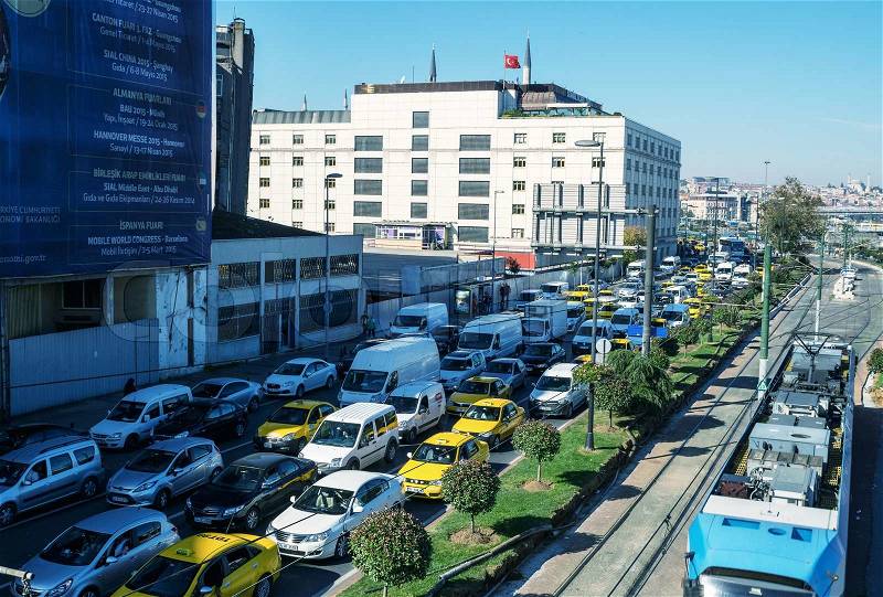 ISTANBUL - SEPTEMBER 17, 2014: Heavy traffic in the port area. Traffic is a major issue in the huge city of Istanbul, stock photo