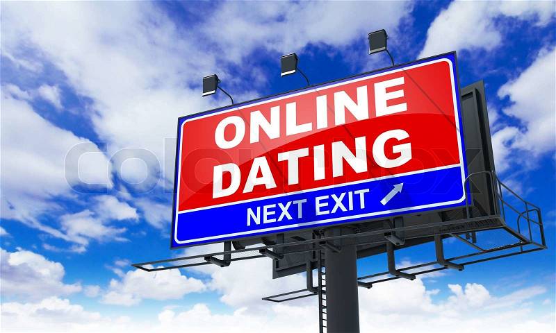 Online Dating - Red Billboard on Sky Background. Business Concept, stock photo