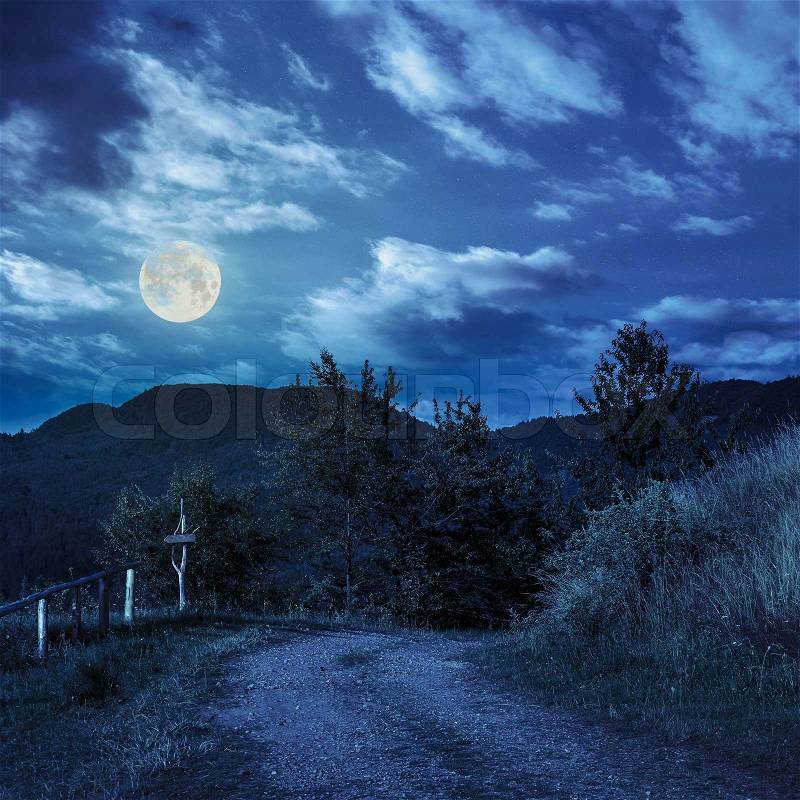 Summer landscape. fence near the path on the hillside in high mountain at night in full moon light, stock photo