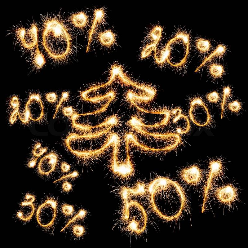 Sparkling inscription of 50%, 40%,30%, 20% with christmas tree on a black background, stock photo