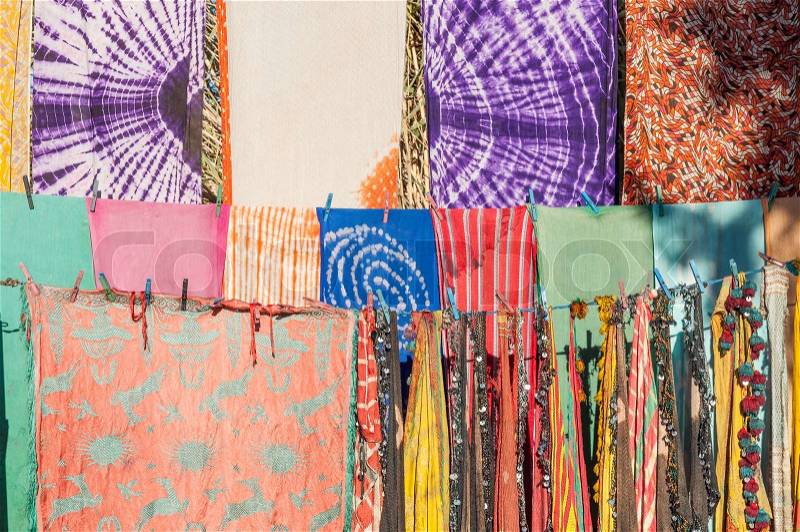 Colorful fabrics in Morocco, Africa, stock photo