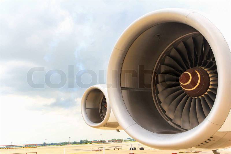 Turbine of airplane Wing and jet engine, stock photo