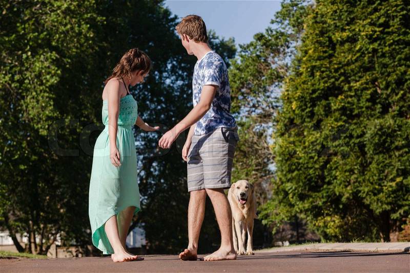 Teenagers girls boy hangout with dogs summers day home talk laugh playtime relaxing, stock photo