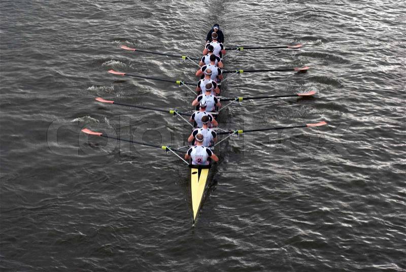 Rowers in eight-oar rowing boat on River Thames in London, England ? ?The Head of the River Race?, stock photo