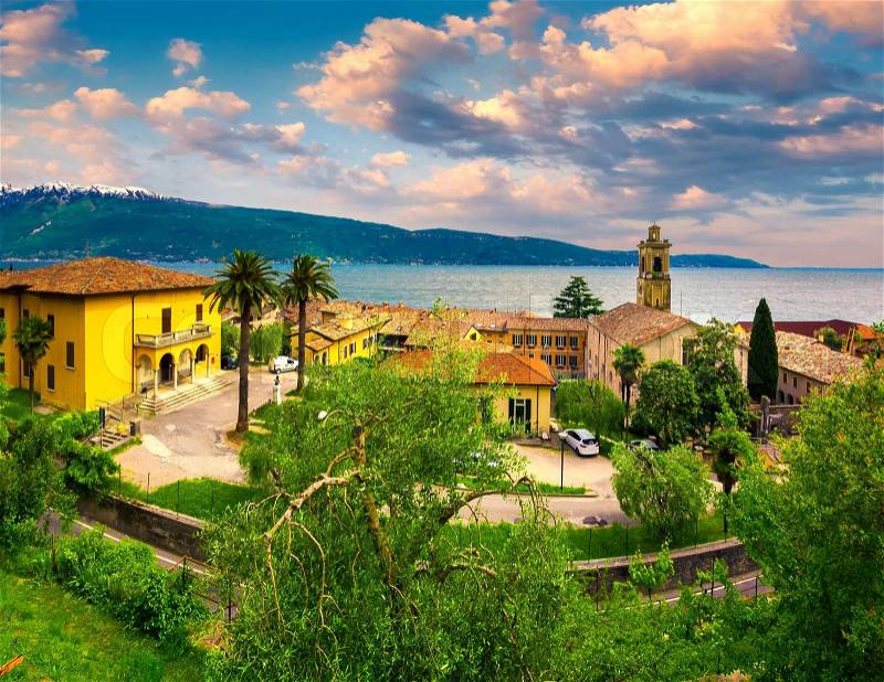 Italian lake houses with stunning view on Lake Garda, Gargnano, Lombardy, Italy, stock photo