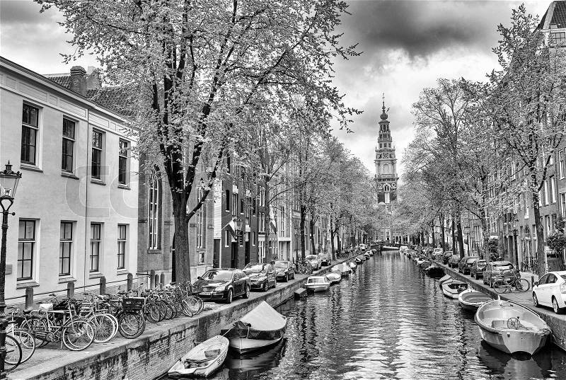 Amsterdam. Wonderful view of city canals and buildings in spring season, stock photo
