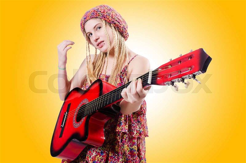 Guitar player woman isolated on white, stock photo