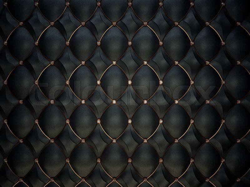 Black leather pattern with golden wire and diamonds. Luxury background, stock photo