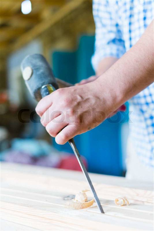 Gouge wood chisel carpenter tool hand hammer craftsman, stock photo