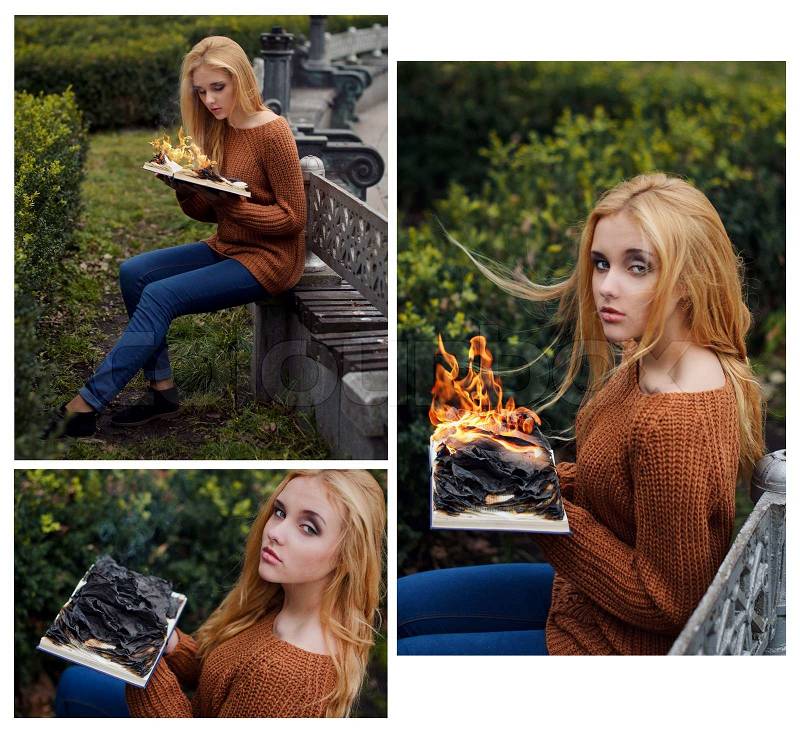 Photo collage of beautiful blonde girl sitting in the park and reading a burning book, stock photo