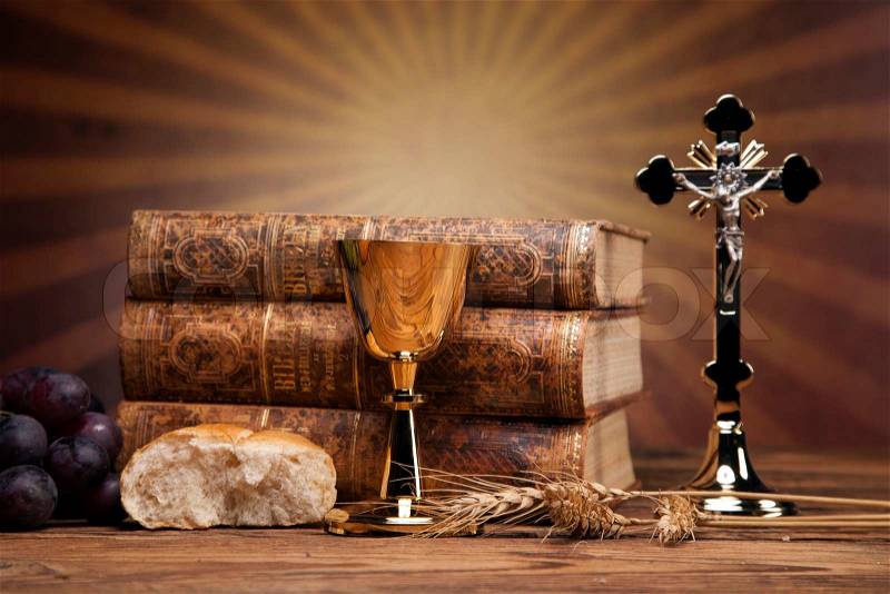 Sacred objects, bible, bread and wine, stock photo