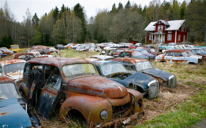 Parked scrap cars in nature near the Norwegian border - Sweden. From the series Scrap in the wood, stock photo