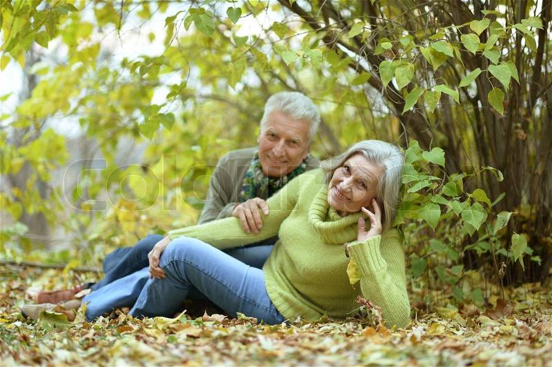 Beautiful caucasian elderly couple in the park in autumn, stock photo