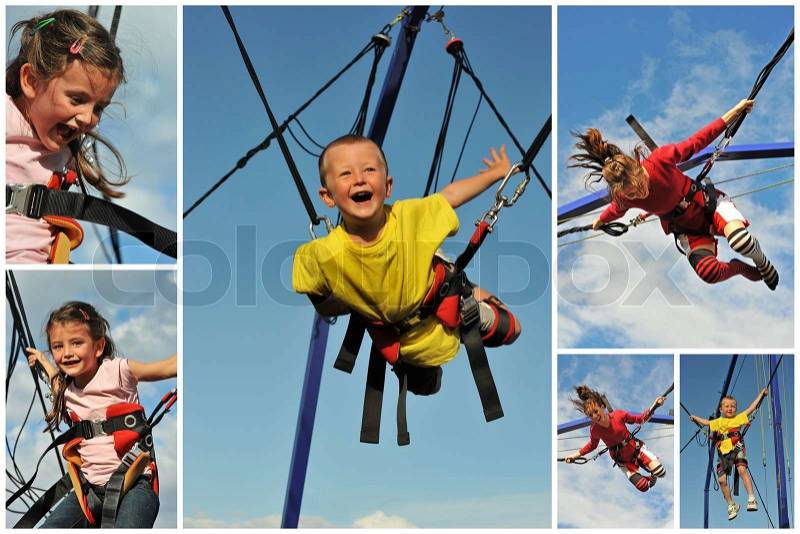 Little children jumping on the trampoline (bungee jumping), stock photo