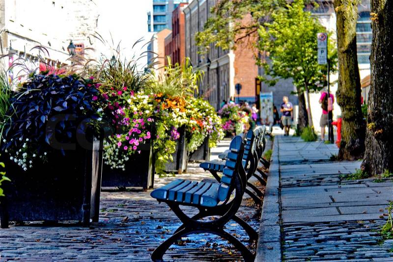 Quiet city street benches - filter applied, stock photo