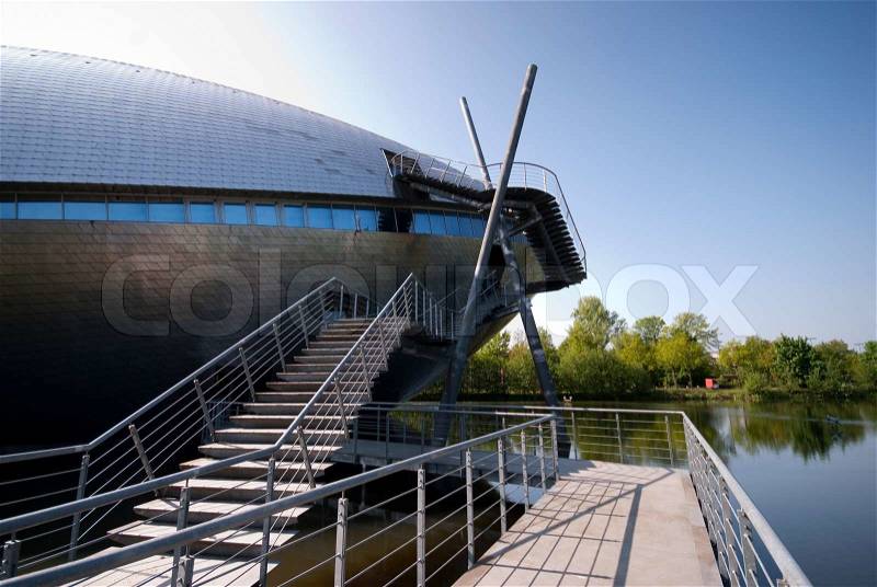 Bridge and steps to University Science Centre - Museum in Bremen, Germany, stock photo