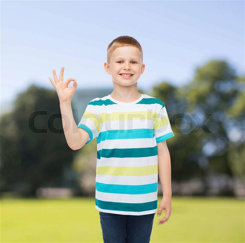 Childhood, nature, gesture and people concept - smiling little boy making ok gesture over green park background, stock photo