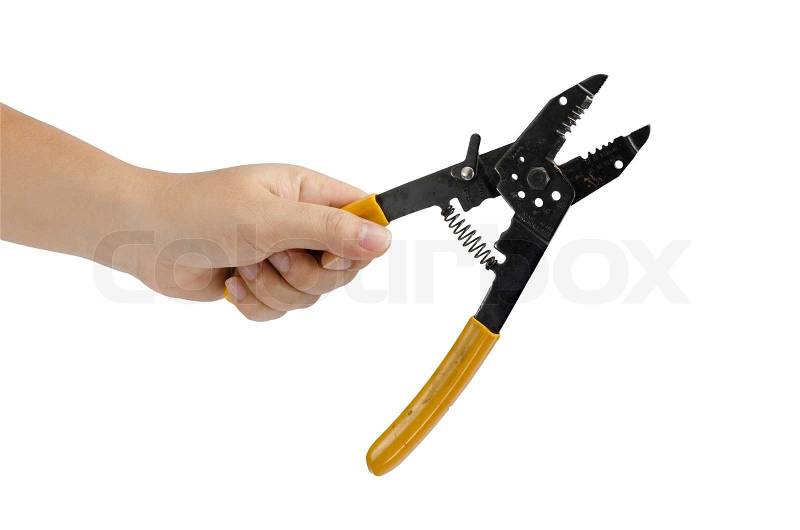 Image of hand holding cutting pliers isolate on white background, stock photo