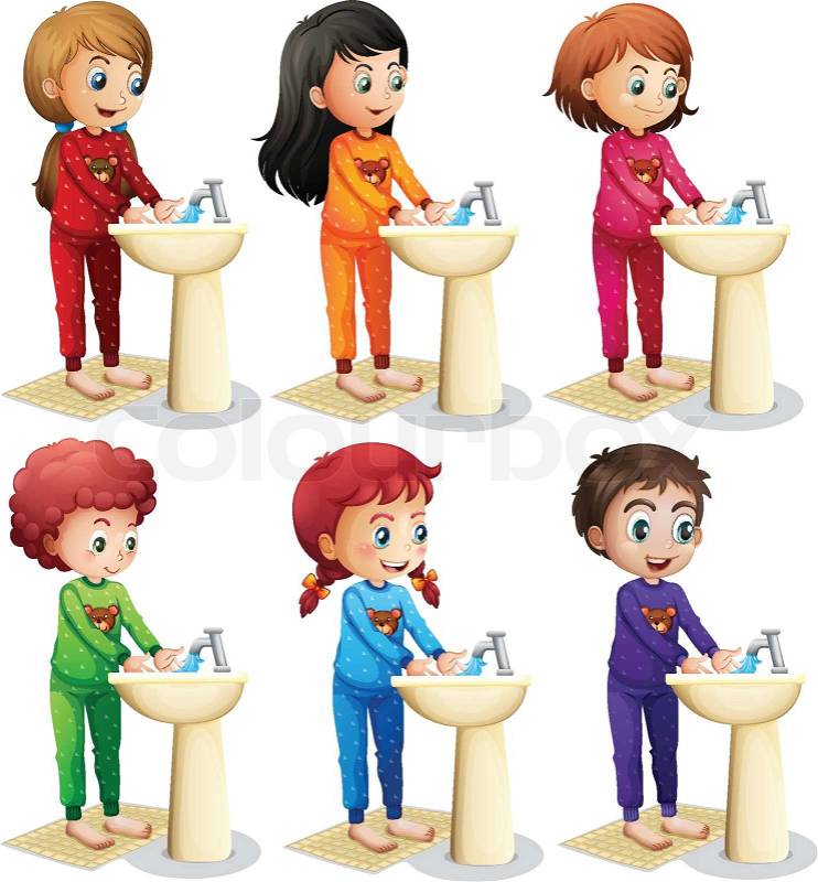 Children washing hands before going to bed, vector