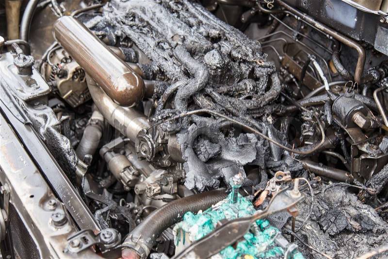Car engine burned, stock photo