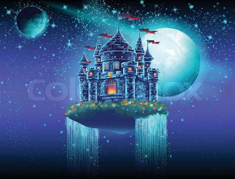Illustration of a flying castle space with waterfalls on