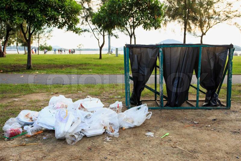 Piles of garbage in the park, stock photo