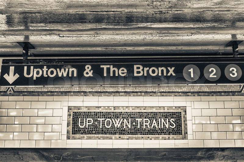 Uptown and The Bronx subway sign in New York City, stock photo