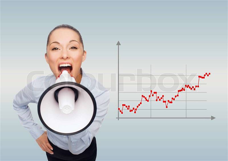 Business, people and announcement concept - screaming businesswoman with megaphone over gray background and forex graph going up, stock photo