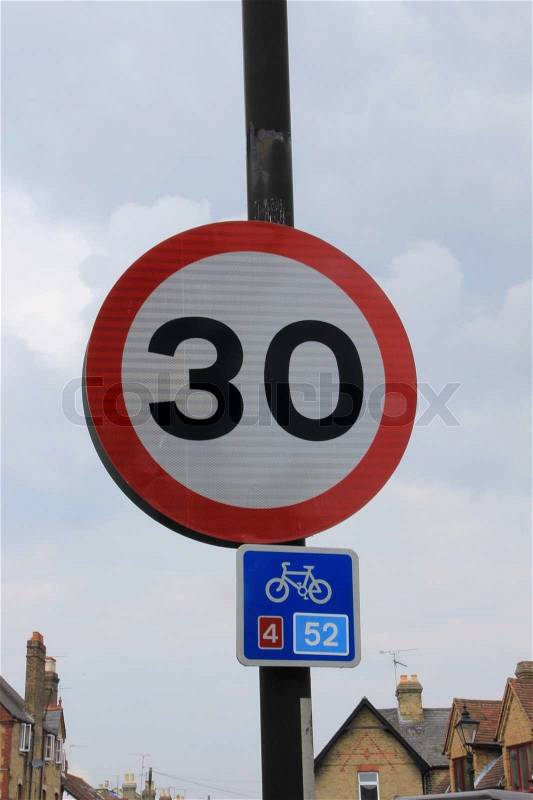 Road sign, not harder than 30 in the residential area, stock photo