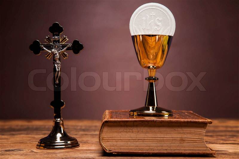 Sacred objects, bible, bread and wine, stock photo
