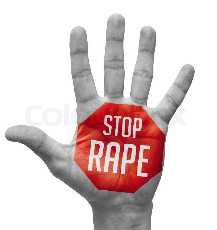 Stock image of 'Stop Rape Sign Painted, Open Hand Raised, Isolated on White Background.'