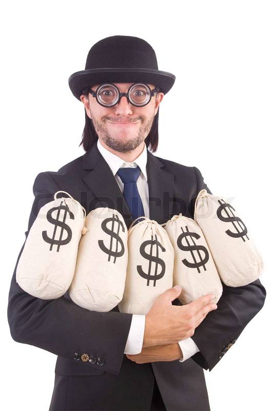 Man with sacks of money isolated on white, stock photo