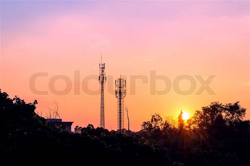 Sunset sky and cloud with silhouette antenna, stock photo