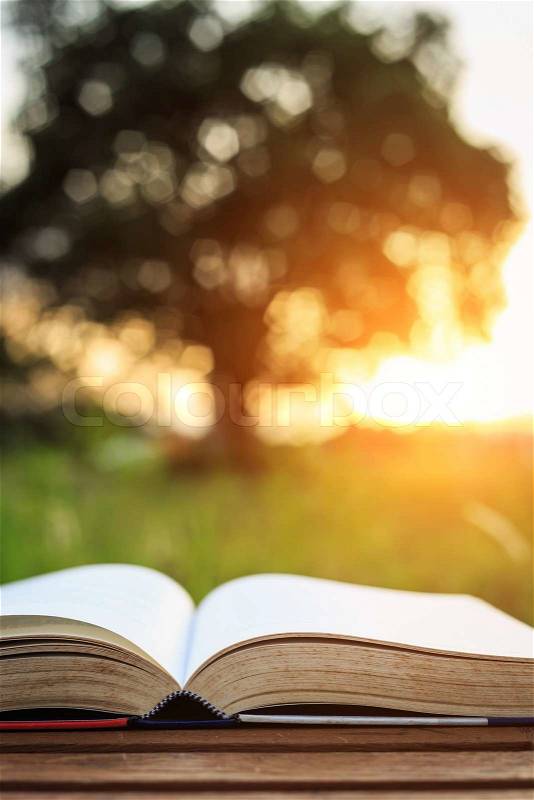 Close up book on table in sunset time, stock photo