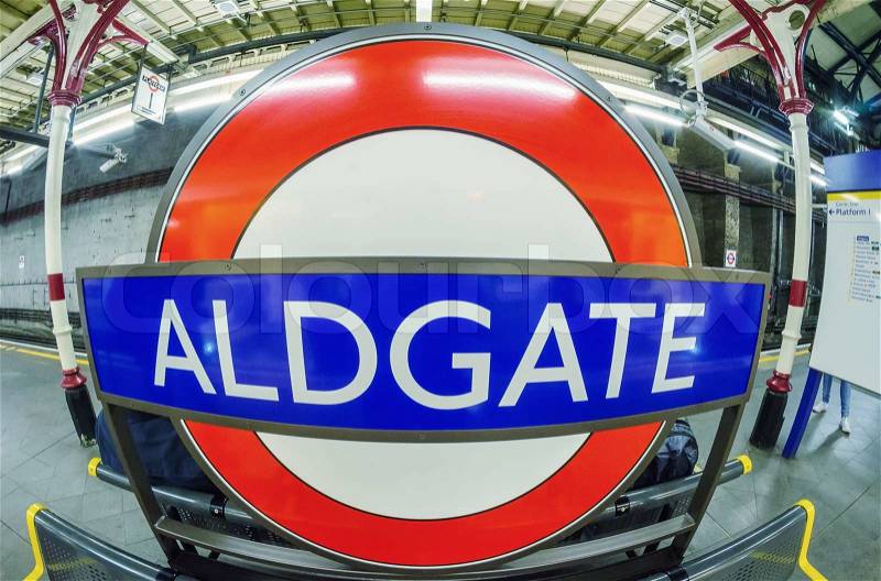 LONDON - AUG 21, 2013: Aldgate underground subway sign. Underground system serves 270 stations and has 402 kilometres (250 mi) of track, stock photo