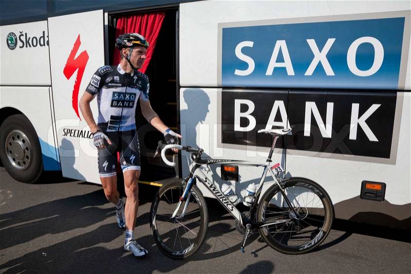 The German rider Jens Voigt in front of the Team Saxobank bus just before the start of stage four of Tour of Denmark August 7, 2010, stock photo