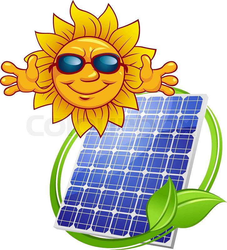 Stock vector of 'Colored Solar energy panel with cartoon sun and green 