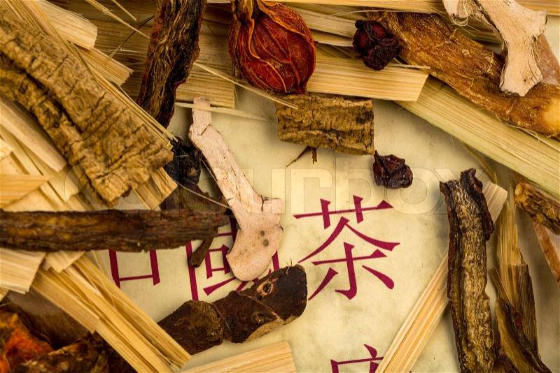 Ingredients for a cup of tea in traditional chinese medicine, stock photo